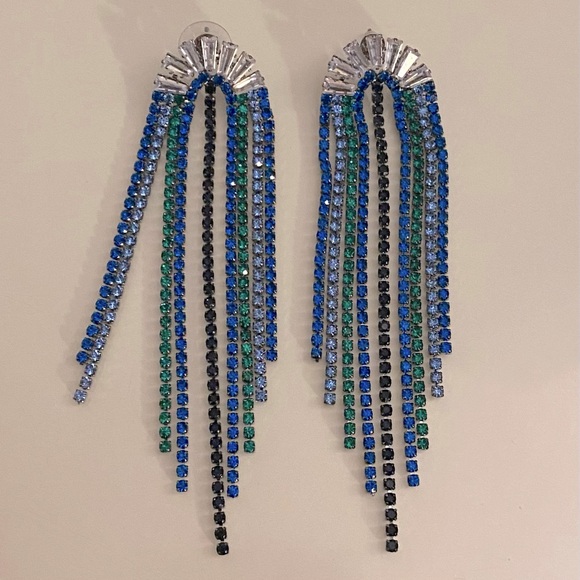 Blue Rhinestone Inlaid Tassel Dangle Eareings - Picture 2 of 2